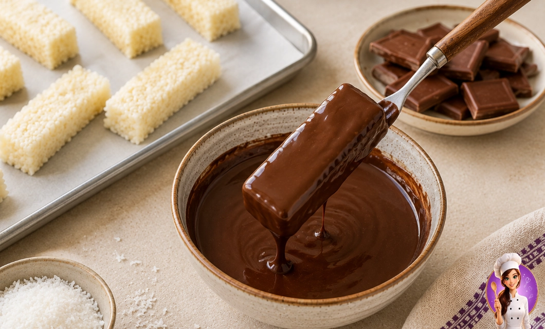 Barra de Prestígio Caseiro sendo banhada em chocolate derretido