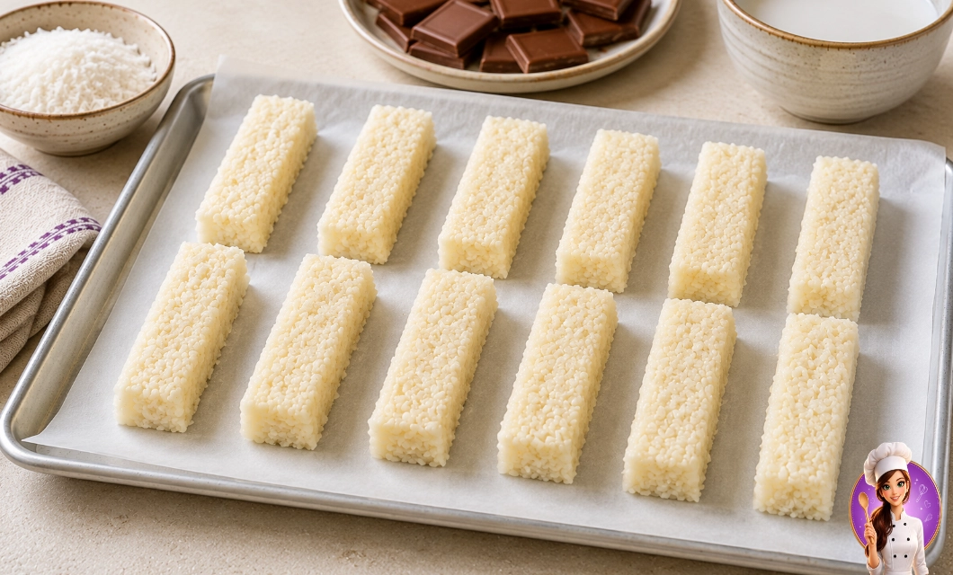 Barrinhas de coco modeladas da Barra de Prestígio Caseiro antes do banho de chocolate