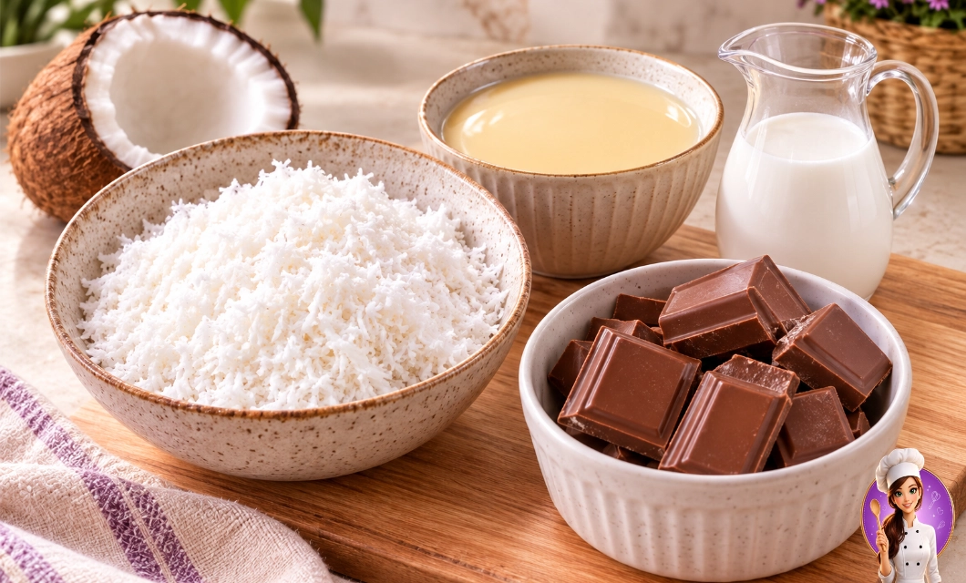 Ingredientes para Barra de Prestígio Caseiro com coco fresco, leite condensado, leite de coco e chocolate