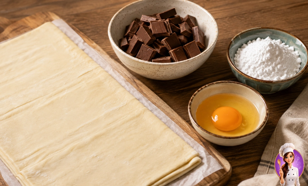 Ingredientes para Rolinhos de Massa Folhada com Chocolate com massa folhada, chocolate, ovo e açúcar de confeiteiro