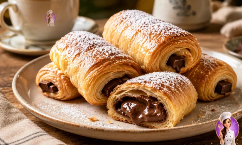 Rolinhos de Massa Folhada com Chocolate dourados e crocantes com recheio de chocolate