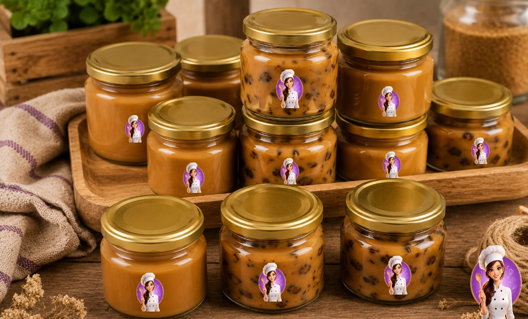 Potes de doce de leite tradicional e com ameixas preparados para venda