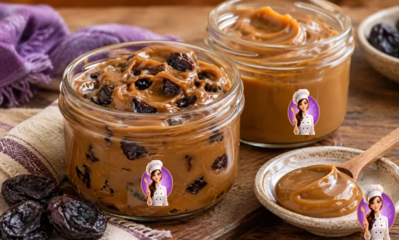 Doce de leite caseiro com ameixas e doce de leite tradicional em potes de vidro