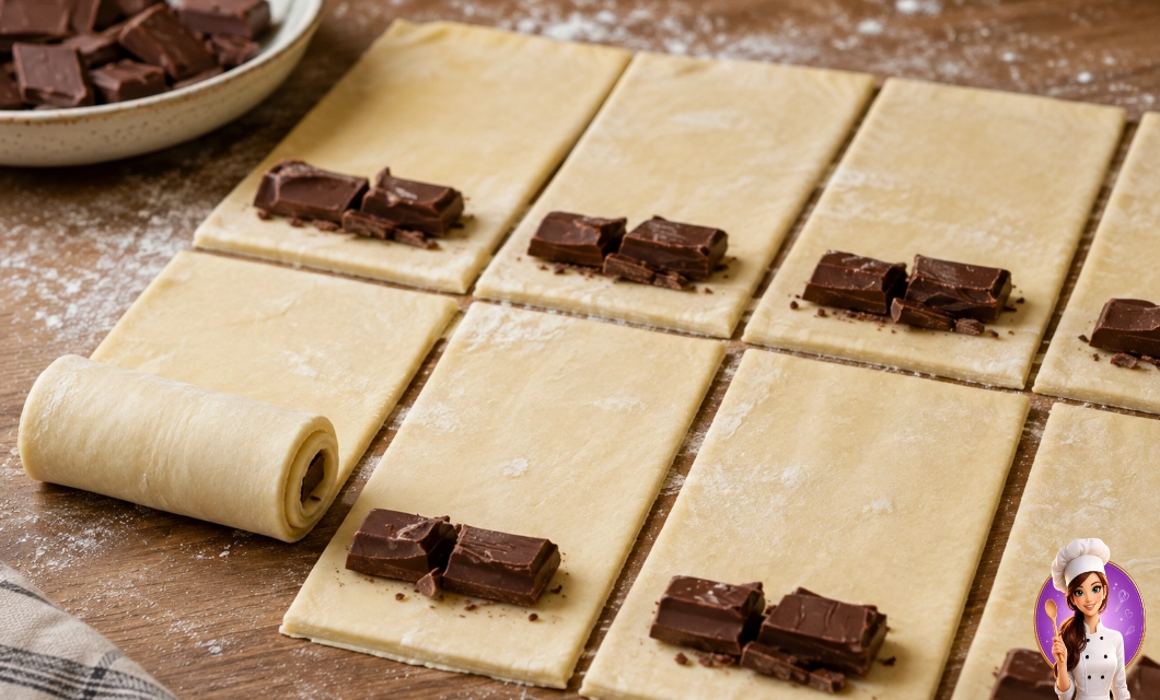 Montagem dos Rolinhos de Massa Folhada com Chocolate antes de enrolar