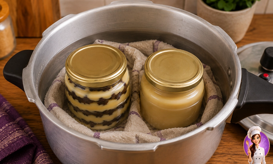 Potes de leite condensado tradicional e com ameixas protegidos dentro da panela de pressão