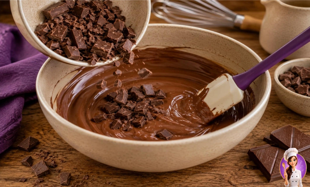 Chocolate picado sendo adicionado ao chocolate derretido durante a temperagem