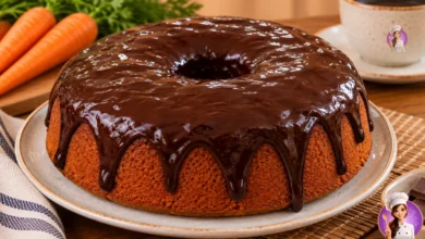Bolo de cenoura fofinho com cobertura de chocolate e uma fatia cortada