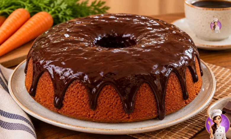 Bolo de cenoura fofinho com cobertura de chocolate e uma fatia cortada