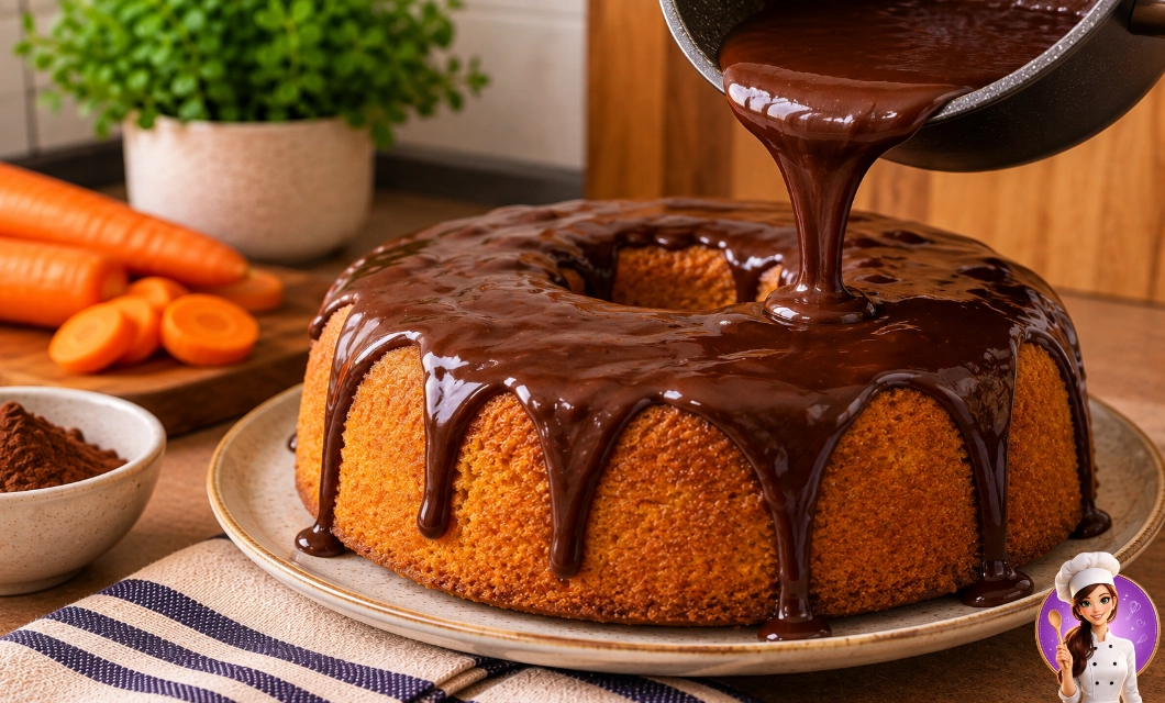 Cobertura de chocolate sendo despejada sobre o bolo de cenoura