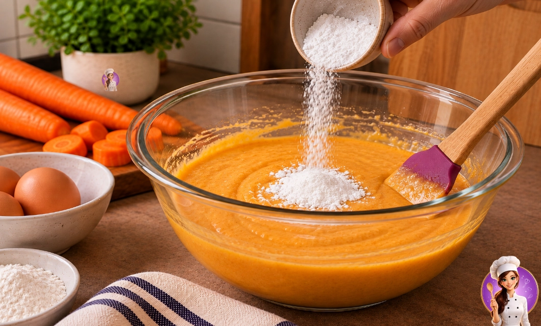 Fermento em pó sendo acrescentado à massa do bolo de cenoura