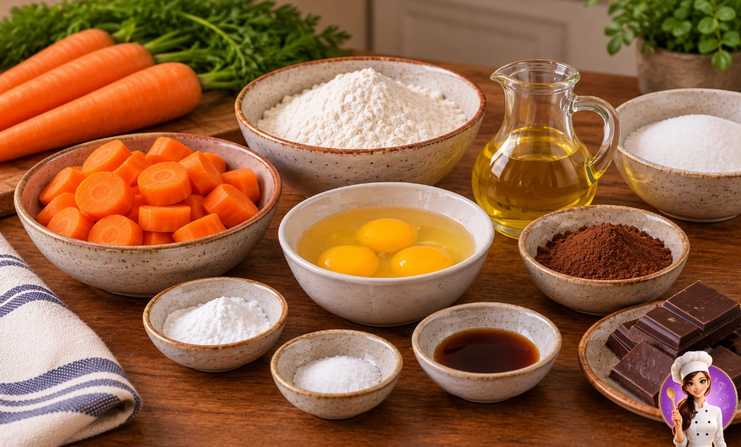 Ingredientes para bolo de cenoura fofinho com cobertura de chocolate