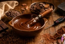Temperagem de chocolate com chocolate derretido, termômetro e utensílios de confeitaria
