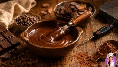 Temperagem de chocolate com chocolate derretido, termômetro e utensílios de confeitaria