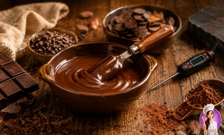 Temperagem de chocolate com chocolate derretido, termômetro e utensílios de confeitaria