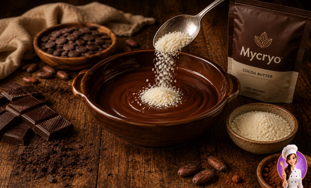 Técnica com Mycryo sendo adicionado ao chocolate derretido durante a temperagem