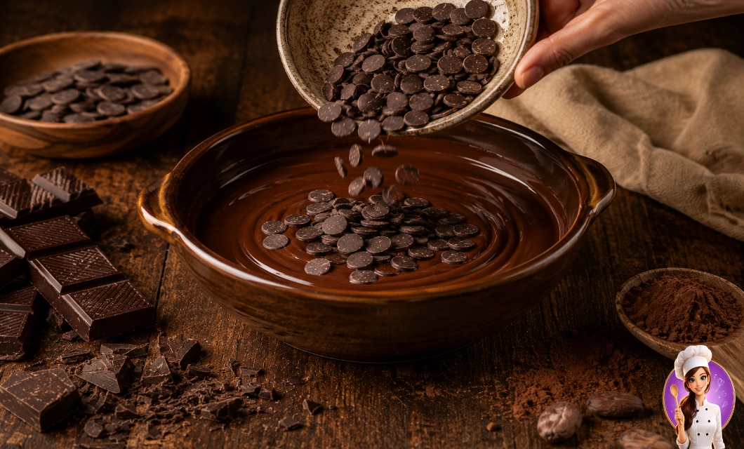 Técnica da adição ou semeadura com chocolate sólido sendo acrescentado ao chocolate derretido