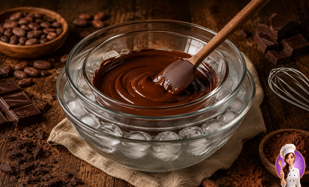 Técnica do banho-maria invertido com chocolate sendo resfriado em recipiente com água e gelo