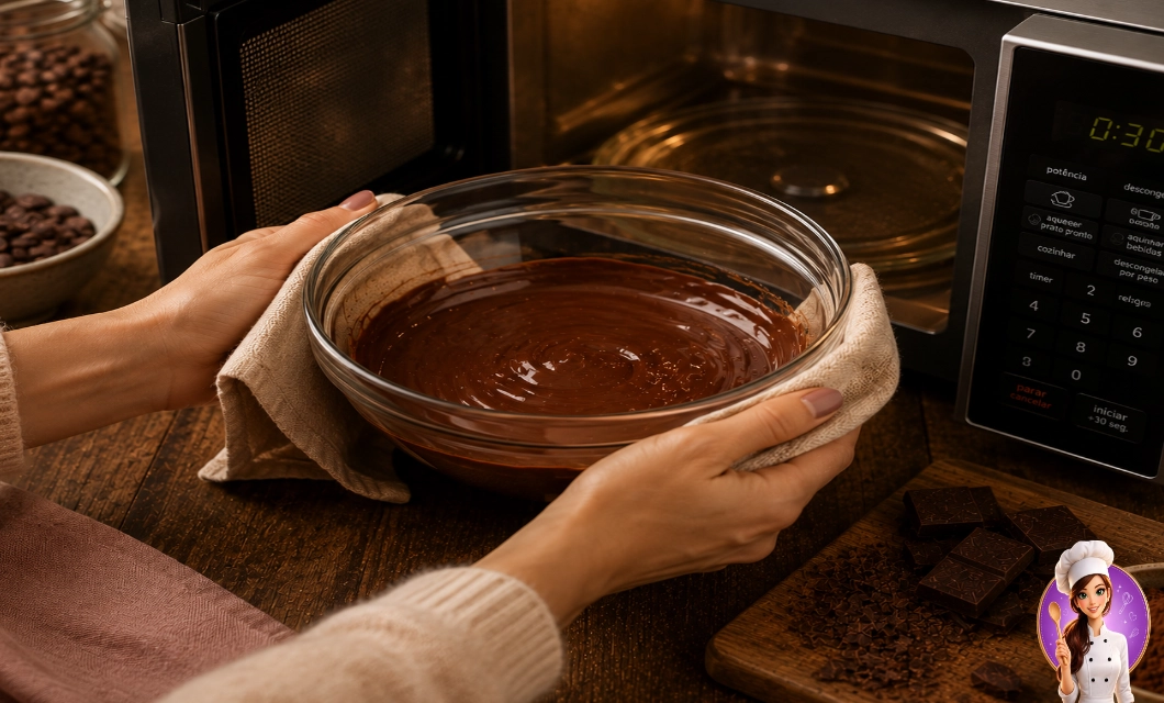 Mãos femininas retirando tigela com chocolate derretido do micro-ondas durante a temperagem