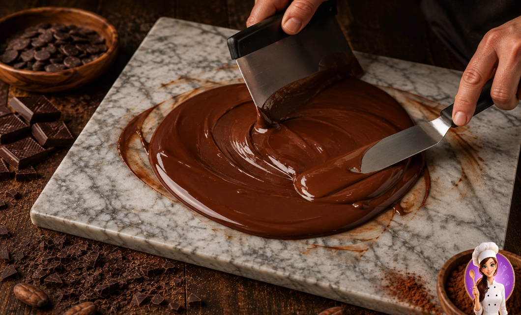 Temperagem de chocolate no mármore com espátula e raspador
