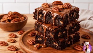 Brownie de nozes pecan com chocolate cortado em quadrados
