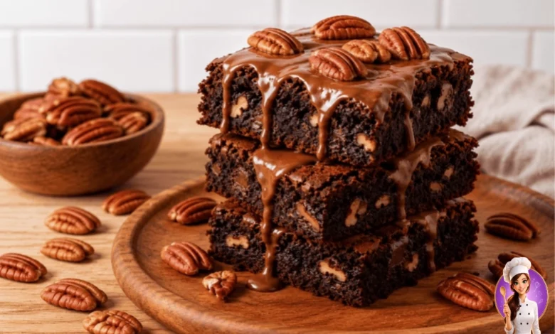 Brownie de nozes pecan com chocolate cortado em quadrados