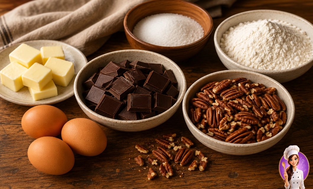 Ingredientes para preparo do brownie de nozes pecan com chocolate e manteiga