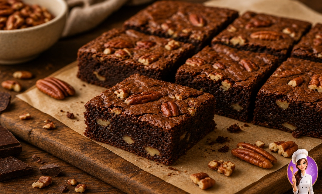 Brownie de nozes pecan cortado em quadrados mostrando a textura interna