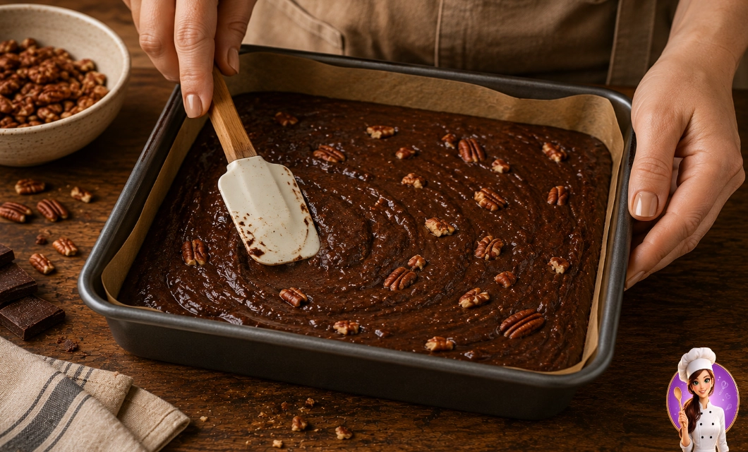 Massa de brownie de nozes pecan sendo espalhada na forma antes de assar