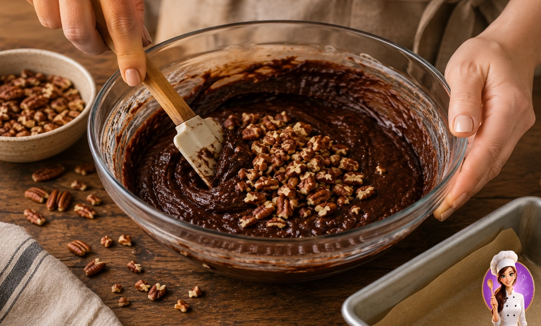Nozes pecan sendo adicionadas à massa de brownie de chocolate