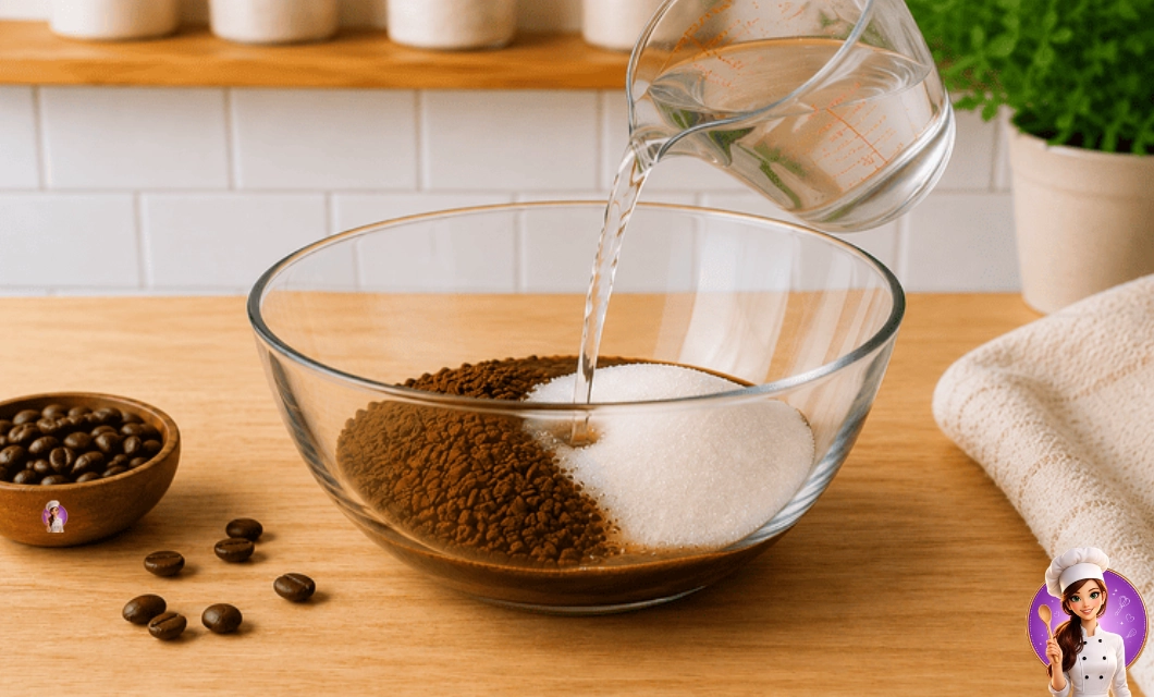 Água quente adicionada ao café solúvel com açúcar