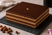 Bolo Ópera com camadas de café, chocolate e biscuit de amêndoas