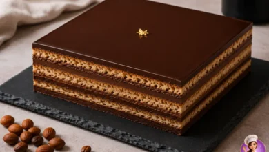 Bolo Ópera com camadas de café, chocolate e biscuit de amêndoas