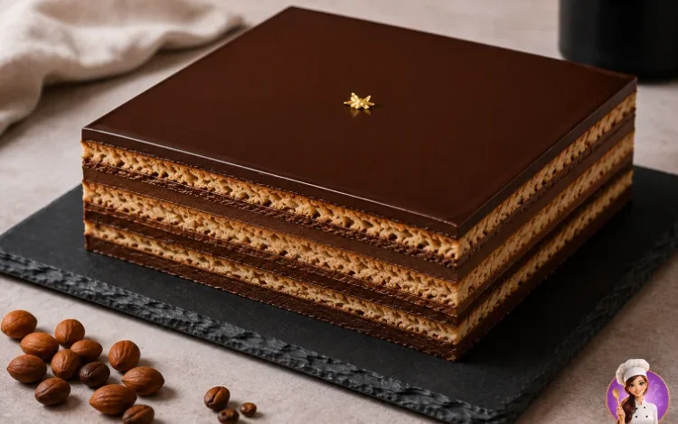 Bolo Ópera com camadas de café, chocolate e biscuit de amêndoas