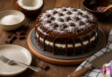 Bolo Prestígio recheado com coco e cobertura de ganache de chocolate