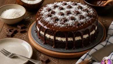 Bolo Prestígio recheado com coco e cobertura de ganache de chocolate
