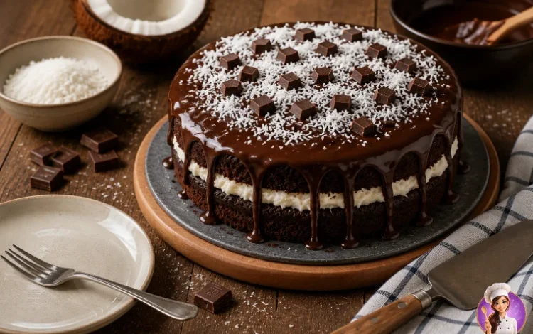 Bolo Prestígio recheado com coco e cobertura de ganache de chocolate