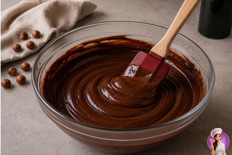 Ganache de chocolate lisa sendo misturada com espátula