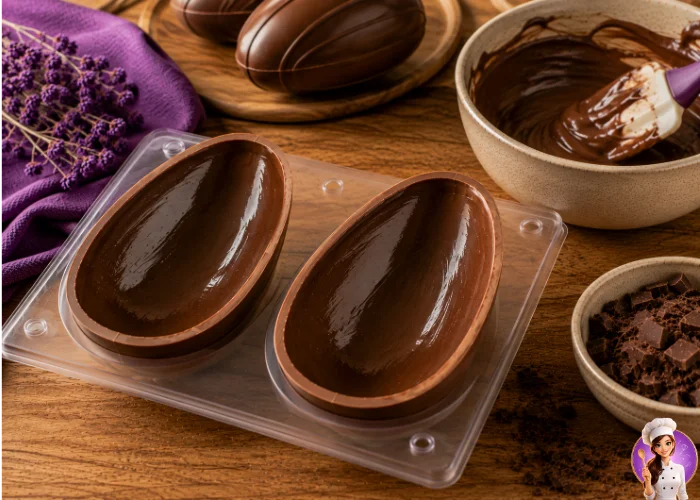 Cascas de ovos de chocolate prontas na forma após a moldagem