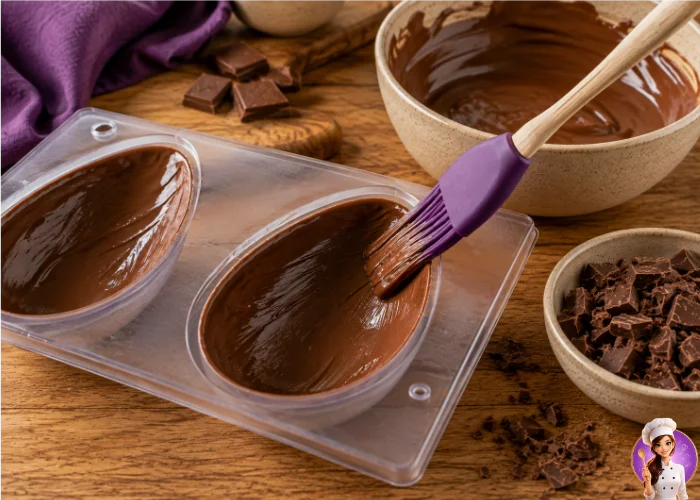 Chocolate temperado sendo espalhado em forma para criar a casca do ovo de Páscoa