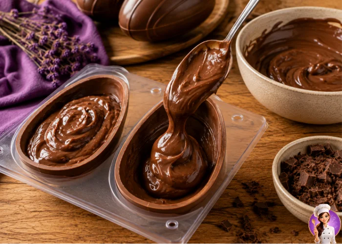Casca de ovo de chocolate sendo preenchida com recheio cremoso