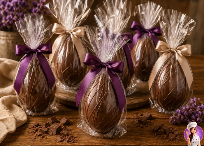 Ovos de chocolate artesanais embalados em celofane transparente com fitas para presentear ou vender