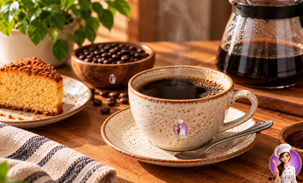Xícara de café coado preto recém-preparado acompanhada de uma fatia de bolo caseiro