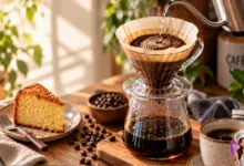 Como fazer café coado com filtro de papel, acompanhado de xícara de café e fatia de bolo