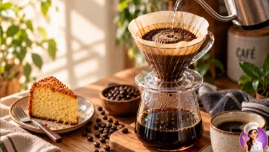 Como fazer café coado com filtro de papel, acompanhado de xícara de café e fatia de bolo