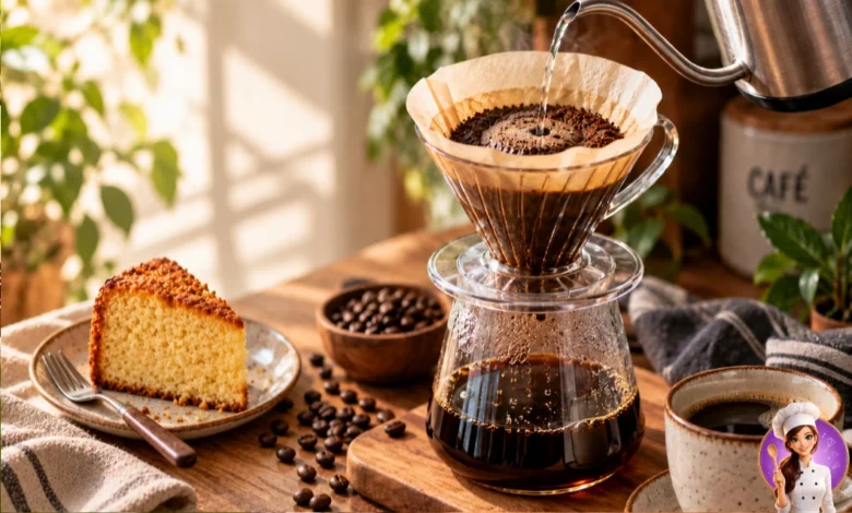 Como fazer café coado com filtro de papel, acompanhado de xícara de café e fatia de bolo