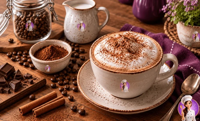 Cappuccino caseiro cremoso com espuma de leite e chocolate