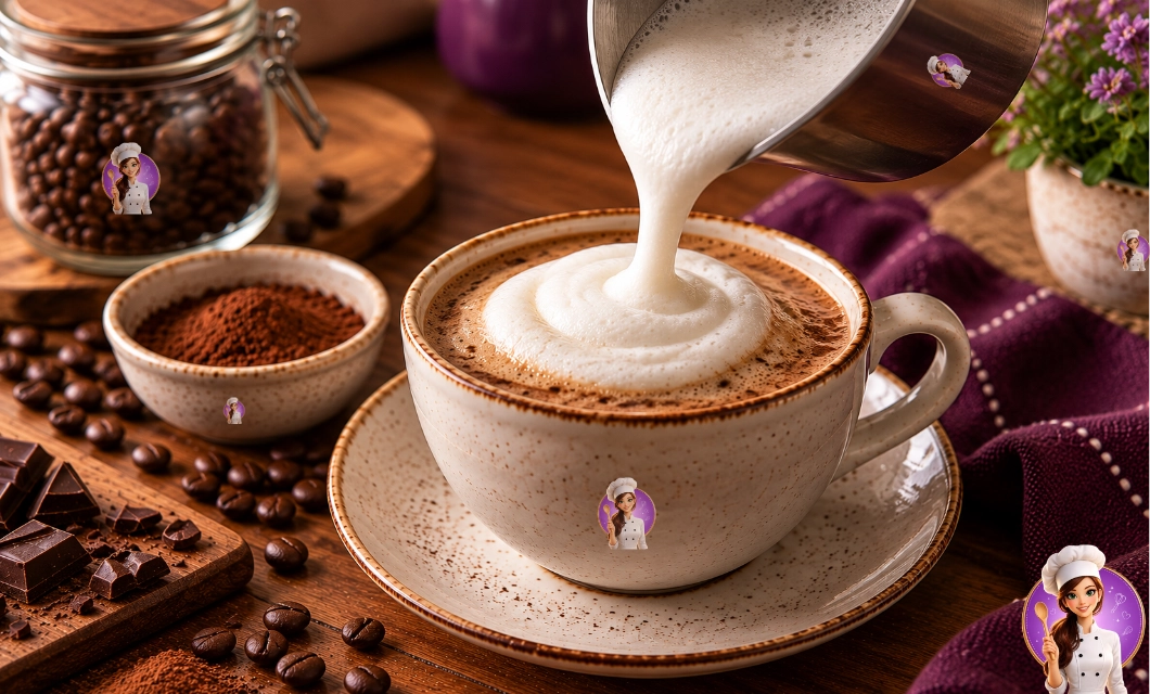 Cappuccino caseiro cremoso sendo finalizado com espuma de leite