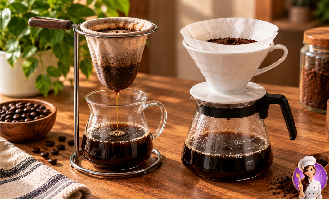 Coador de pano e filtro de papel lado a lado para preparar café coado