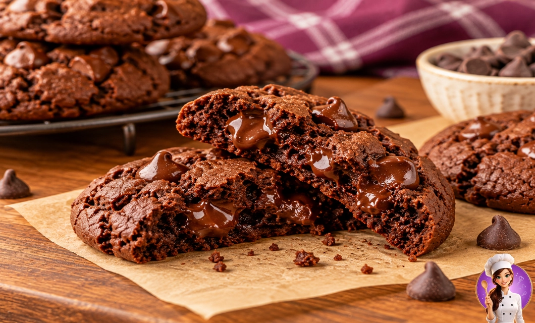 Cookie de chocolate partido ao meio com centro macio e gotas de chocolate