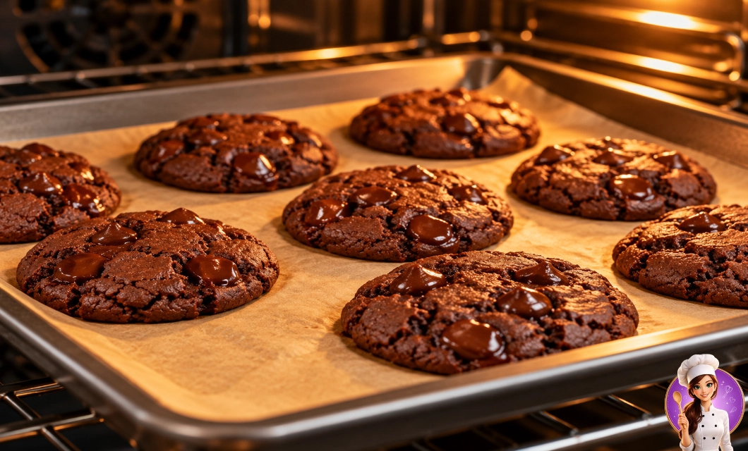 Cookies de chocolate com gotas assando no forno